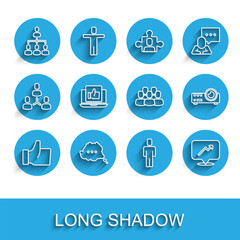 Fototapeta premium Set line Hand like, Speech bubble chat, Hierarchy organogram chart, Head hunting, Graph, schedule,, Media projector and Project team base icon. Vector