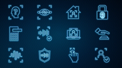 Set line Face recognition, Palm print, Smart home with face id, Voice, Digital door lock, Laptop and Eye scan icon. Vector