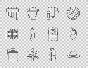 Set line Canteen water bottle, Western cowboy hat, Leather whip, Hexagram sheriff, Pan flute, Tooth, Cactus and Cowboy bandana icon. Vector