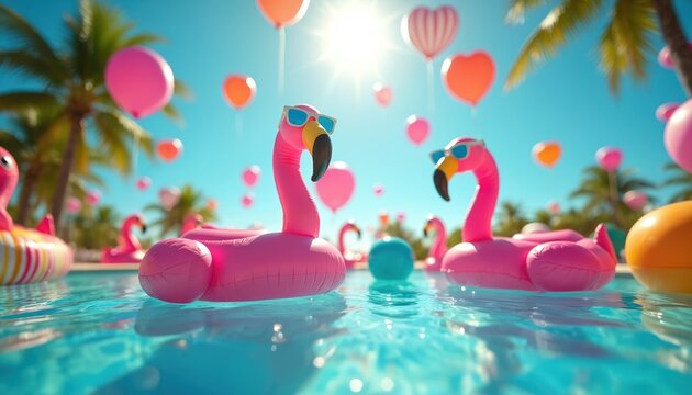 Inflatable pink flamingos with sunglasses float in bright blue swimming pool under sunny sky. Colorful balloons drift above palm trees. Tropical summer scene evokes pure vacation joy and relaxation.