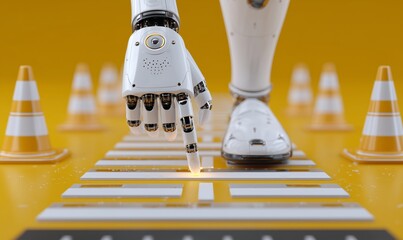 A futuristic robotic hand points at a pedestrian crossing symbol, surrounded by traffic cones on a bright yellow background, symbolizing technology and safety.