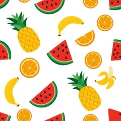 Seamless Tropical Fruit Pattern with Watermelon, Pineapple, Orange, and Banana