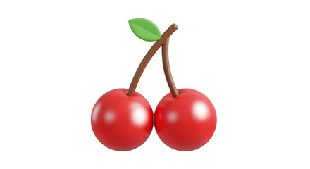Two Red Cherries with Green Leaf on Transparent Background Rendered in 3D