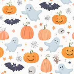 Seamless Halloween pattern featuring pumpkins, ghosts, bats, stars, spiderwebs, and skulls on a white background.