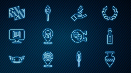 Set line Ancient amphorae, Bottle of olive oil, Zeus, Greek helmet, column, Greece national flag, Comedy and tragedy masks and Torch flame icon. Vector