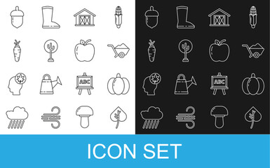Set line Leaf or leaves, Pumpkin, Wheelbarrow with dirt, Farm house, Tree, Carrot, Acorn and Apple icon. Vector