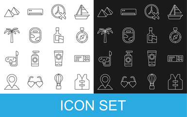 Set line Life jacket, Airline ticket, Compass, Clock with airplane, Airplane window, Tropical palm tree, Egypt pyramids and Whiskey bottle and glass icon. Vector