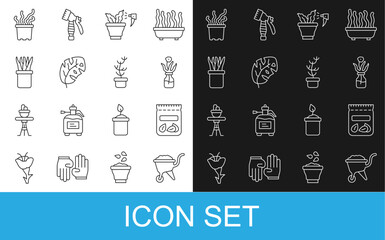 Set line Wheelbarrow with dirt, Pack full of seeds of plant, Flower in glass bottle, Spraying, Tropical leaves, Plant pot, Exotic tropical and icon. Vector