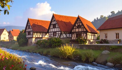 Quaint European village riverside homes