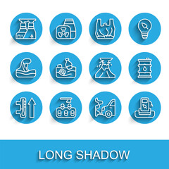 Set line Global warming, Deforestation, Nuclear power plant, Car exhaust, Petrol gas, Problem pollution of the ocean, Barrel oil and Volcano eruption with lava icon. Vector
