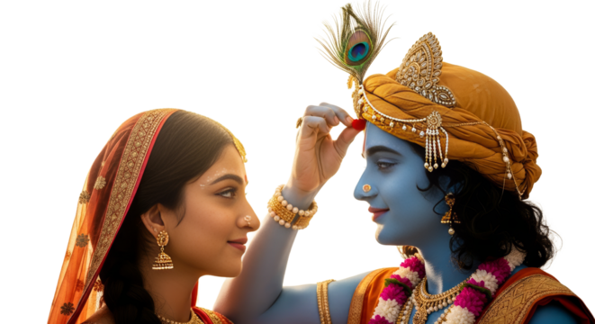 Krishna places a bindi on Radha's forehead in a tender moment of love and devotion against a white background