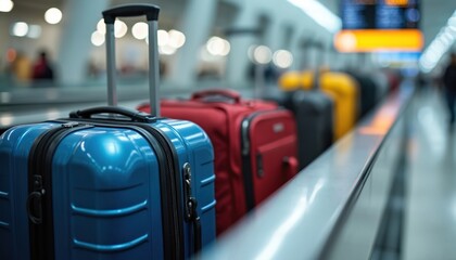 Fototapeta premium Blue and red suitcases travel on airport conveyor belt. Luggage waits for owner on automated transport system inside modern terminal. Packed bags in a row signify journey, vacation, and departure.