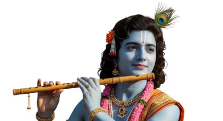 Krishna resting flute on shoulder with calm gaze against a white background