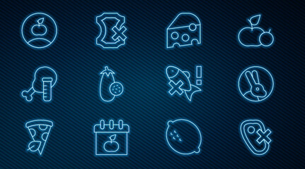Set line No meat, Rabbit, Cheese, Eggplant, Genetically modified chicken, Apple, fish and leather icon. Vector