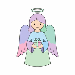 Cute cartoon angel with pastel rainbow wings, halo, holding a small green gift box.
