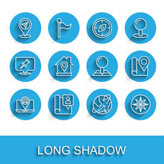 Set line City map navigation, Folded with location marker, Map pin, Satellites orbiting the Earth, Wind rose, Location house, and icon. Vector