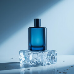 Blue Glass Perfume Bottle Mockup on Ice Block | Luxury Fragrance & Cologne Packaging Design