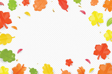 Autumn background, tree 3d cartoon leaves, transparent background, Falling autumnal oak. maple leaf foliage, season sale banner, frame for thanksgiving day,