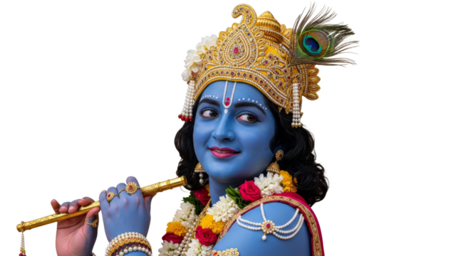Krishna playfully gazes over his shoulder while holding a flute, surrounded by colorful decorations on a white background