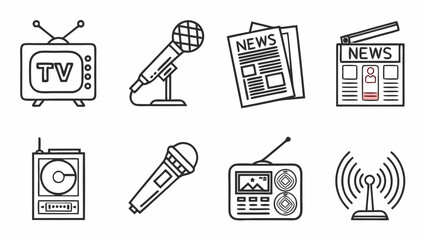 news media icon set, TV show, program, news, report, video and interview, Outline icon collection.