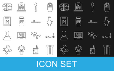 Fototapeta premium Set line Matches, Cigar with smoke, Glass bong for smoking marijuana, Heroin spoon, Medicine bottle and pills, Cigarettes pack box, Package cocaine and Opium pipe icon. Vector
