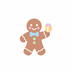 Cheerful Gingerbread Man Holding a Gift Box with Colorful Ribbons and Bowtie.