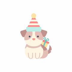 Cartoon Dog with Striped Party Hat and Gift Box.