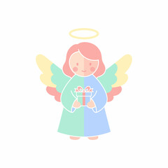 Cute pastel cartoon angel with a halo and colorful wings holding a gift box.