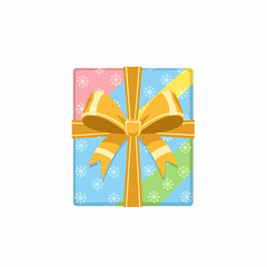 Colorful square gift box with pink, blue, and green snowflake paper, topped with a large, shiny golden bow.