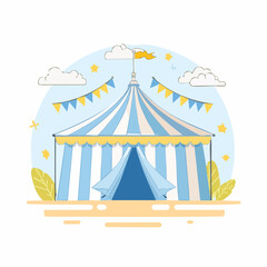 Illustration of a blue and white striped circus tent with bunting, clouds, and stars against a light blue background.