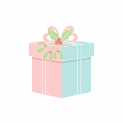 A pastel pink and blue gift box with a decorative bow and festive holly.
