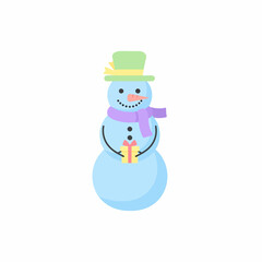 A cheerful light blue snowman illustration wearing a green top hat, purple scarf, and holding a yellow gift.