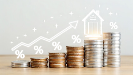 Rising Real Estate Value Represented by Stacks of Coins and Percentage Increase Graph With House Icon
