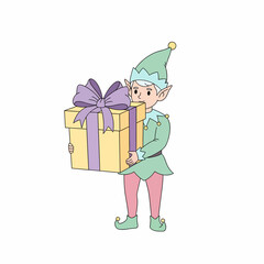 Adorable Elf Character Holding a Large Yellow Gift Box with Purple Ribbon.