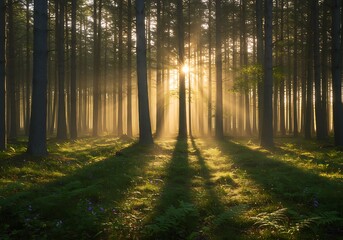 Fototapeta premium Golden Hour Forest: Sunlit Path