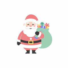 Cheerful cartoon Santa Claus in red suit with white beard, holding a green sack of colorful Christmas gifts.