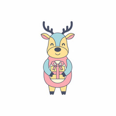 Cute cartoon deer holding a wrapped gift, smiling, with colorful antlers.