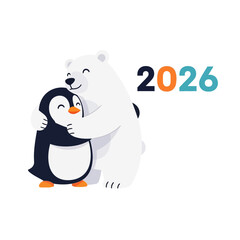 Polar Bear Hugging Penguin with 2026 Year
