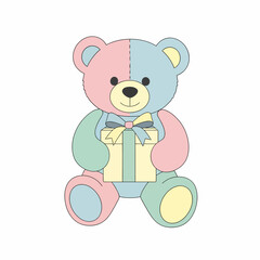 Pastel Teddy Bear Holding Gift Box with Ribbon, Pink, Blue, Yellow, Green.