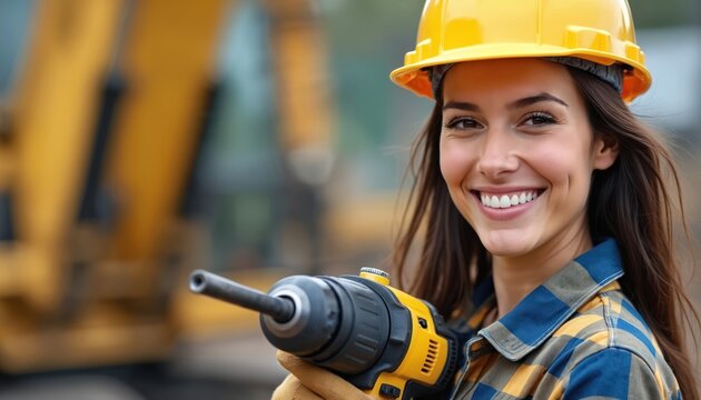 Smiling woman construction worker holds yellow drill tool. Wears yellow hard hat, safety gear, plaid shirt at building site. Confident female pro shows skill, determination, teamwork in outdoor