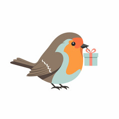 Cartoon Robin Bird Holding a Small Gift Box with Pink Ribbon in its Beak.