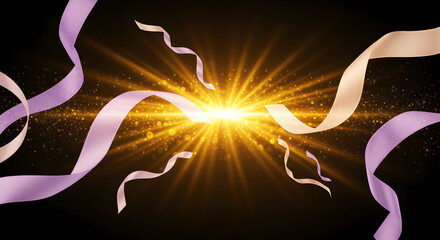 Radiant Celebration: Ribbons Dance in a Burst of Golden Light, Ideal for festive announcements and luxurious greetings, capturing sheer joy