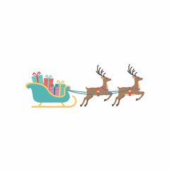 Festive Teal Sleigh Pulled by Two Brown Reindeer Laden with Colorful Gifts.