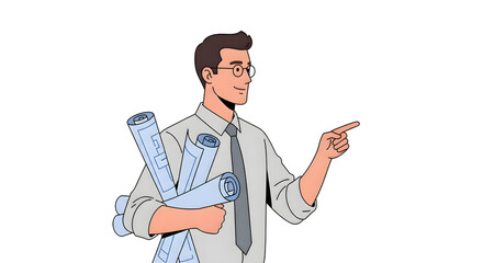 Architect pointing toward future construction project success with blueprints in hand