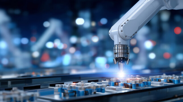 A factory worker calibrates a robotic arm in an assembly line with tools clanking sensors beeping a digital display showing diagnostics and parts moving steadily presented