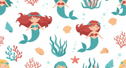 Cute cartoon mermaid seamless pattern with red and blue hair, seaweed, coral, and shells.