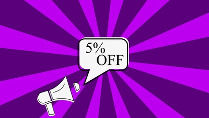 5%off percent text on glitch interference screen Loudspeaker ,4K video motion graphic.Megaphone with text 5% percent off.