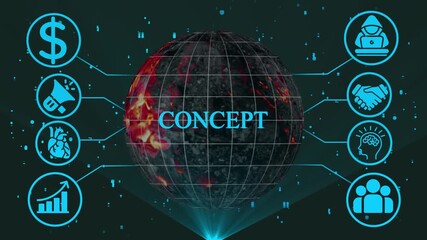 Global business concept network with financial growth idea generation teamwork and cybersecurity icons connecting to a textured planet earth data visualization abstract background - Powered by Adobe