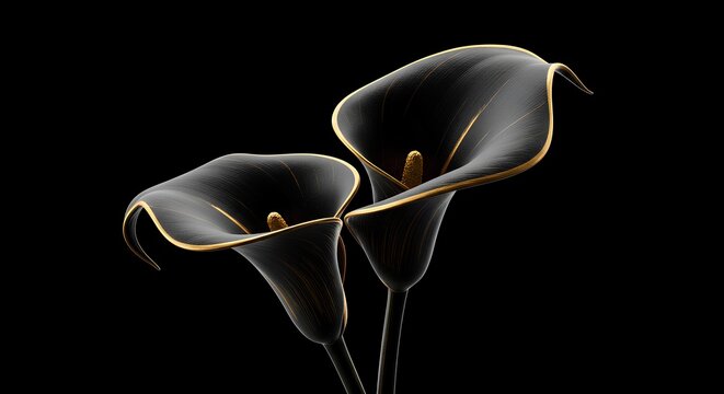 Luxurious Black Calla Lilies with Gold Accents on Black Background
