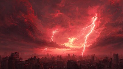Red lightning storm over city skyline dramatic weather cityscape photography urban landscape stock photo